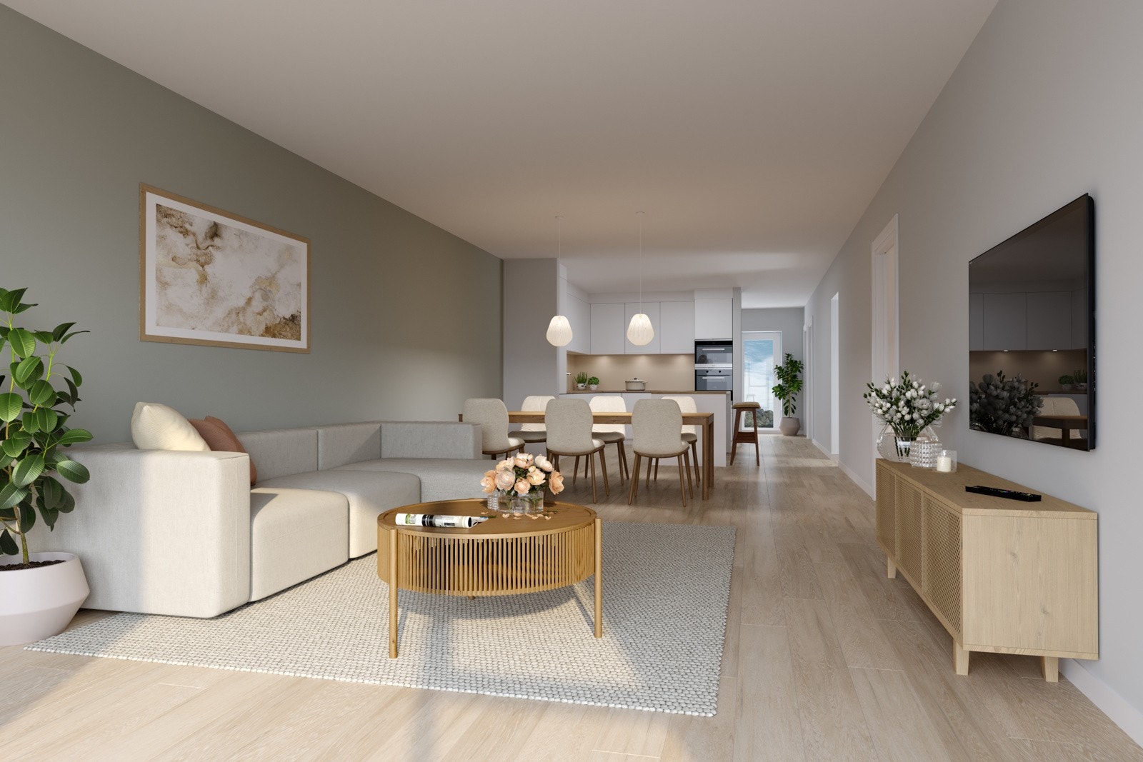 Flere av leilighetene er gjennomgående med uteplasser på begge sider av bygget. Dette er illustrasjonsbilde fra leilighet A505. Galleribilde