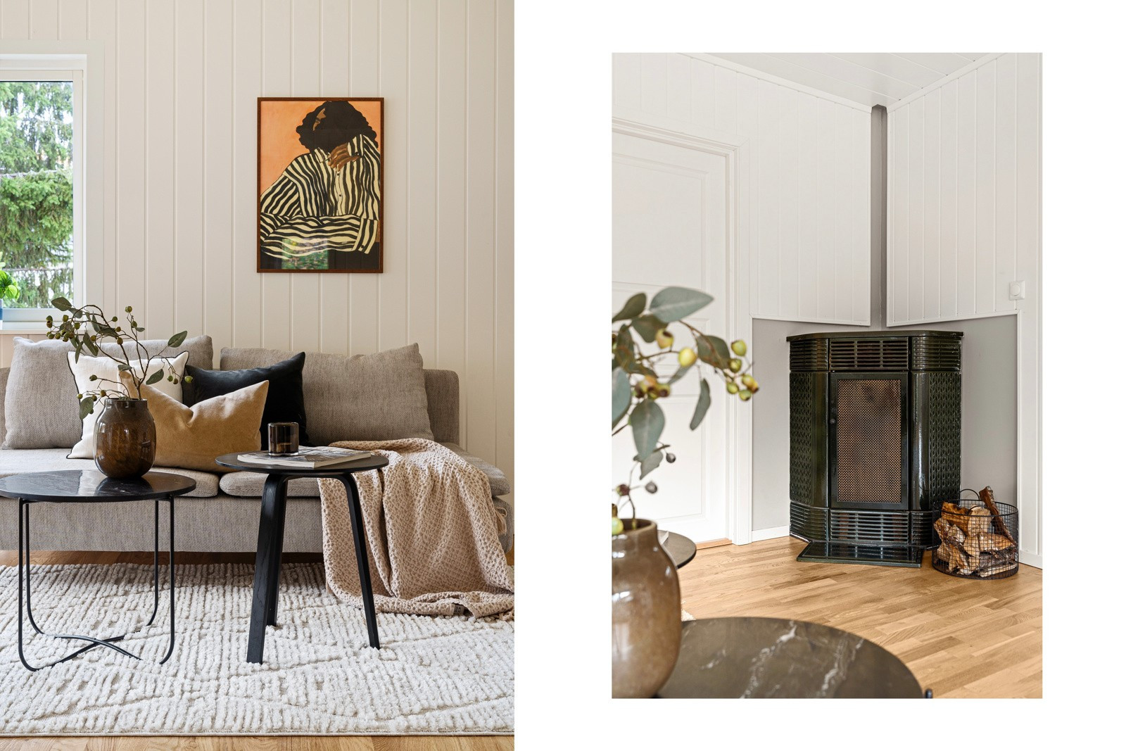 Det er lysmalte overflater og parkett på gulvet i boligens hovedrom med stue og kjøkken.