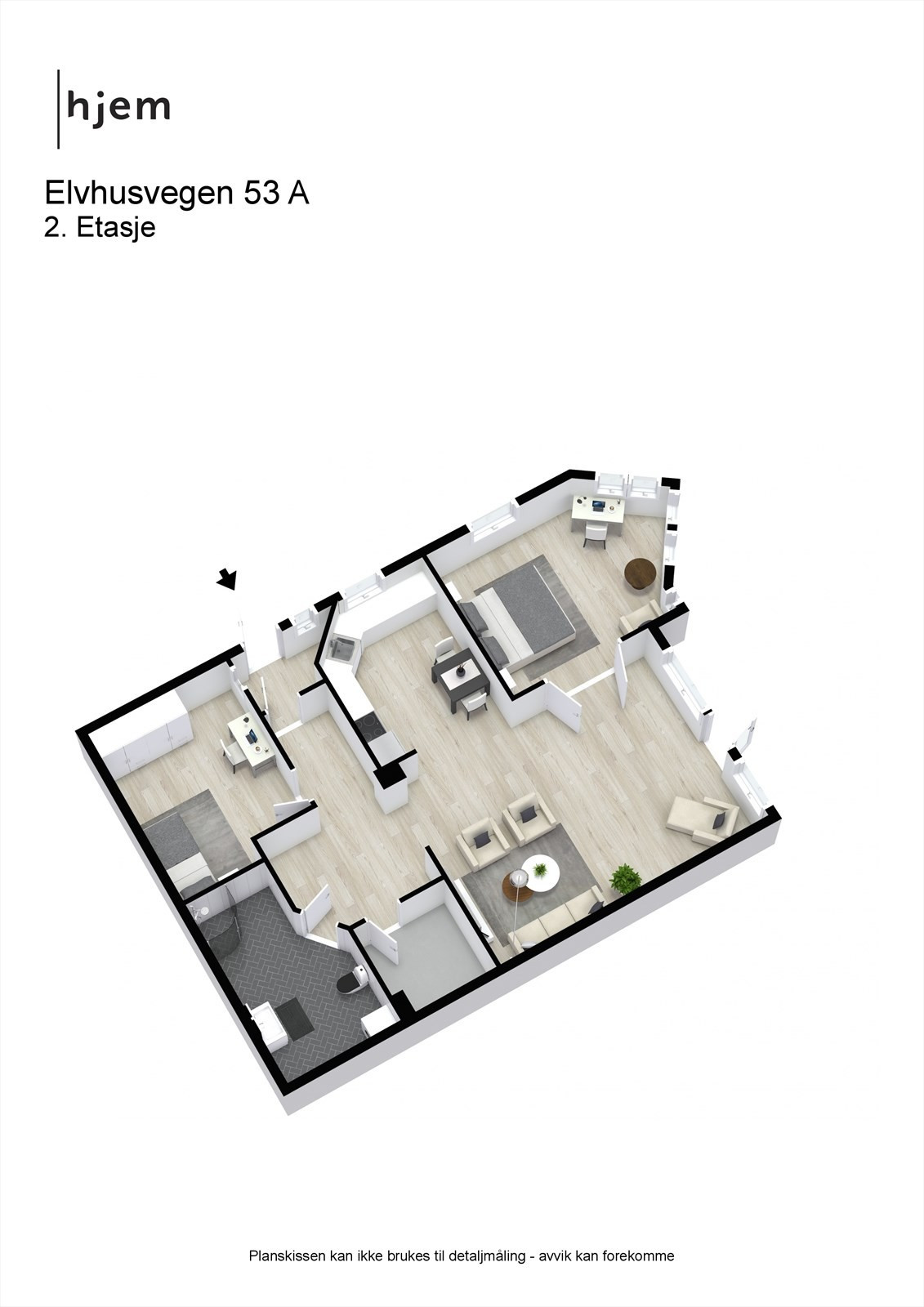 3D planillustrasjon av leiligheten.