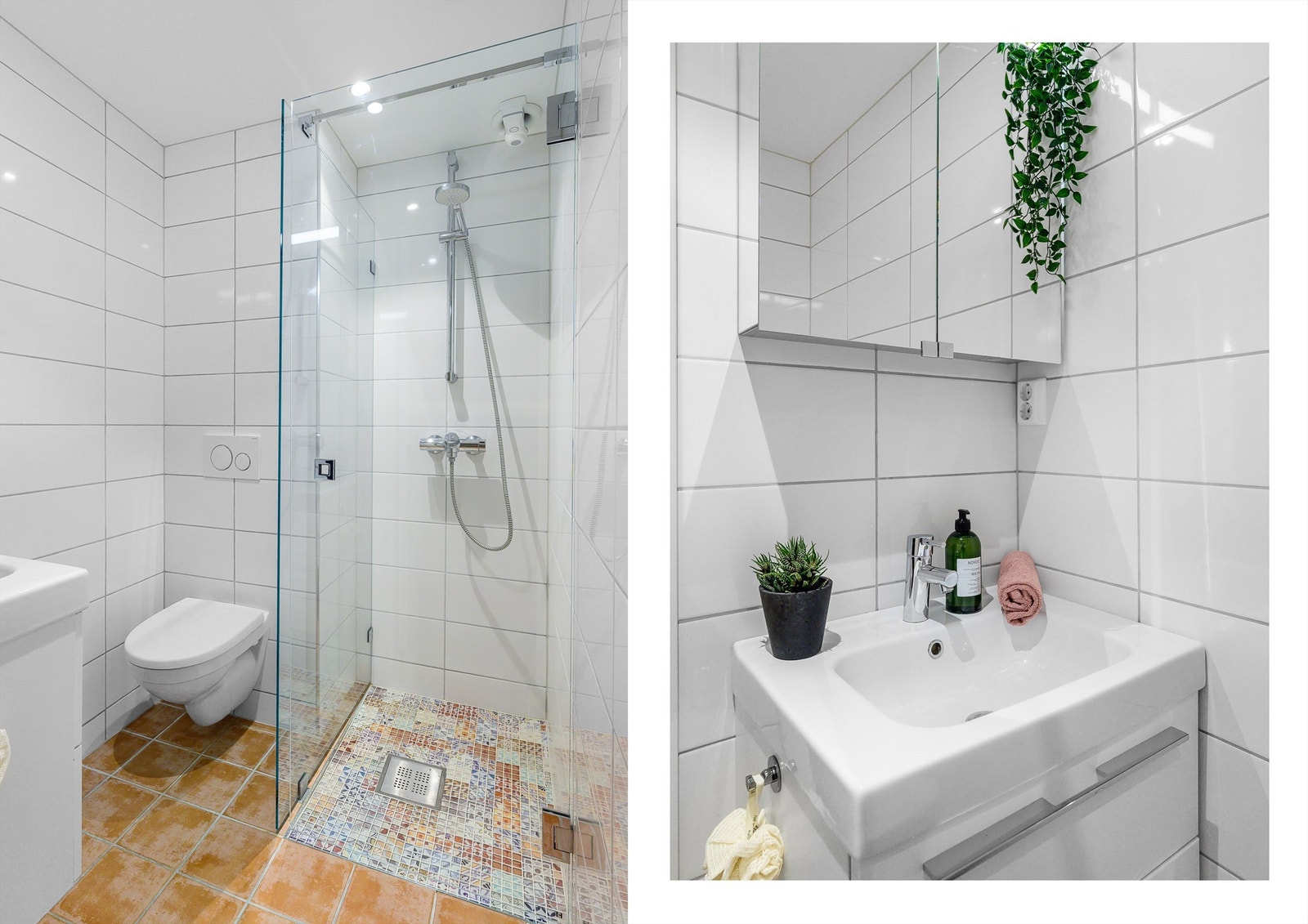 Baderommet ble ihht. tilgjengelig informasjon oppusset av tidligere eier i 2016 av JS Konsult & Co, dokumentasjon foreligger. Rommet er helfliset og er dekorativt utført med spreke mosaikkfliser i dusjsonen for det lille ekstra! Galleribilde