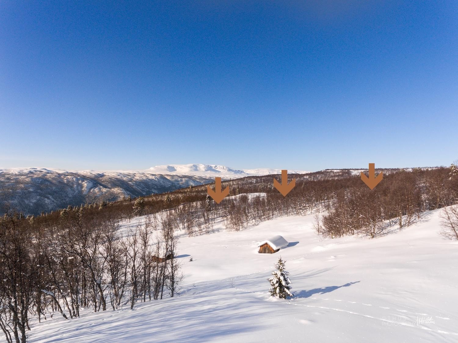 Pilen viser tre tomter for salg. Galleribilde