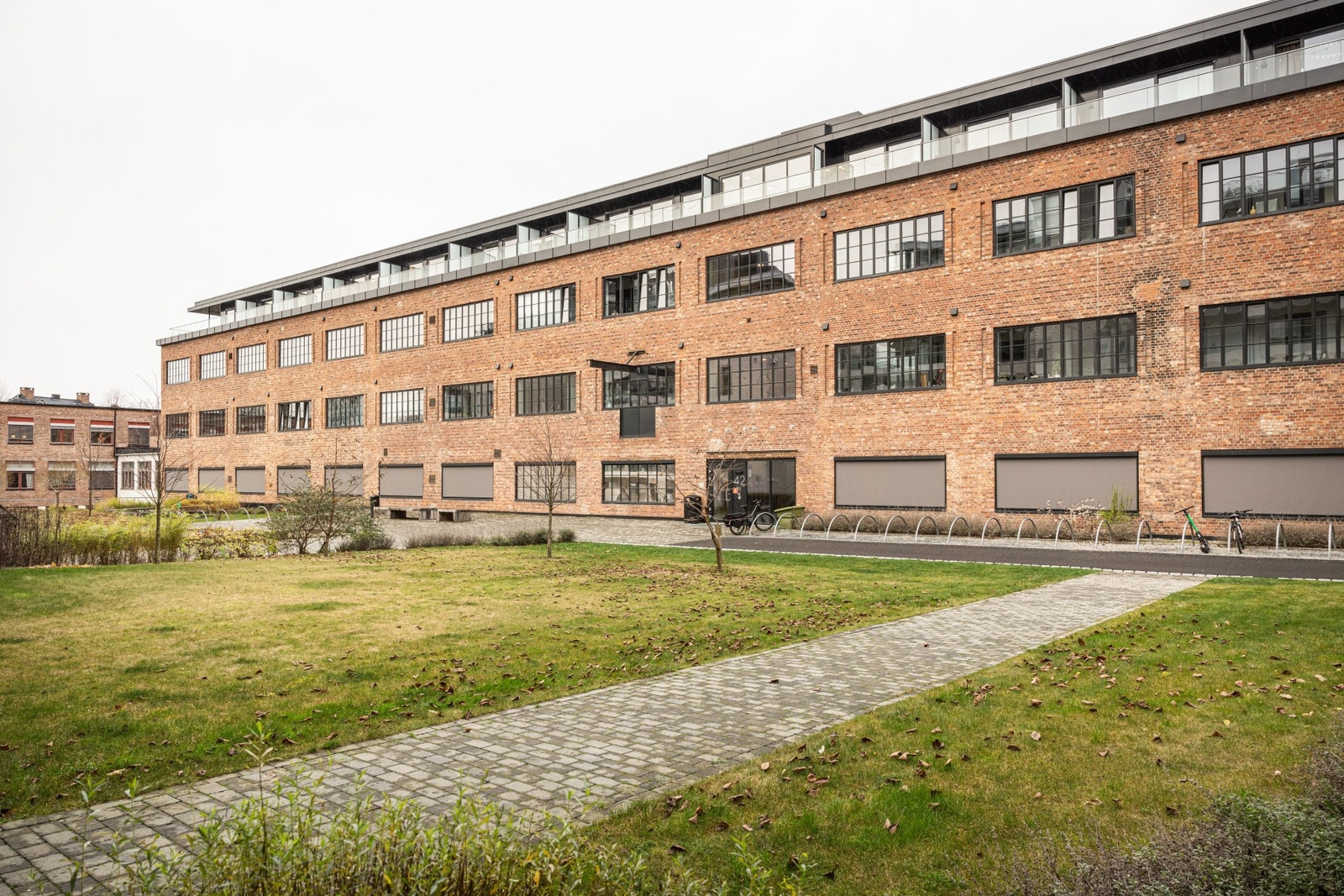 Frodig fellesområde med plen og beplantning. Galleribilde
