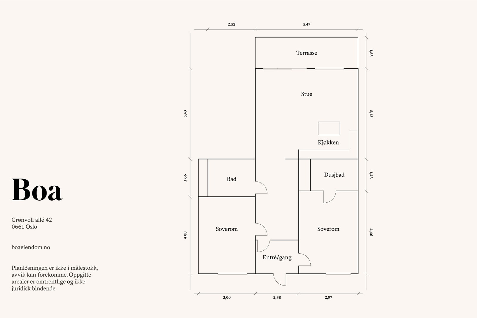 4. etasje: Entré/gang, to baderom, to soverom og stue/kjøkken. Terrasse. Galleribilde