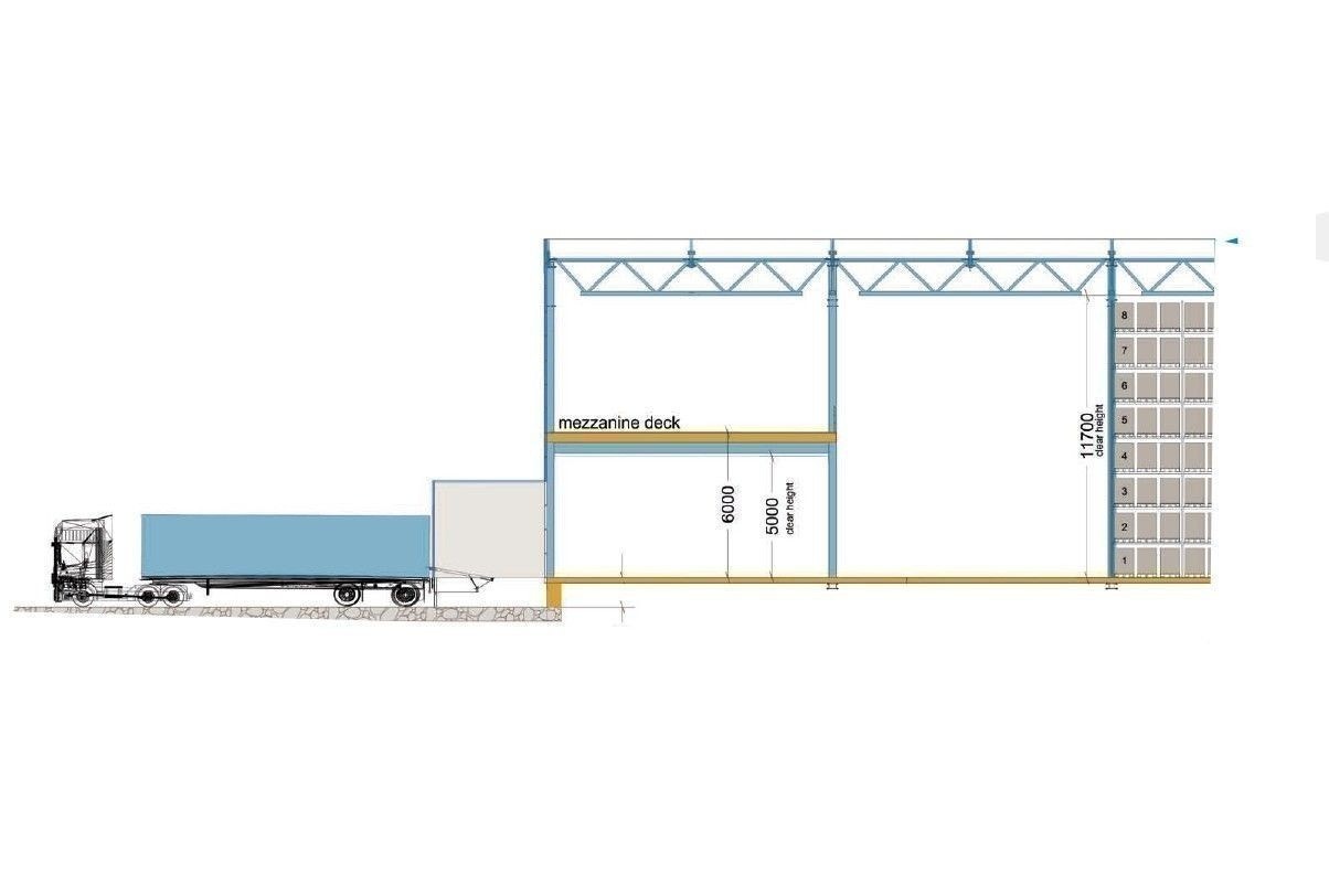 Snitt tegning av Bulk Modul 11,7 meter fri takhøyde, mesaninarealer, åpent eller med kontorer etc. Galleribilde