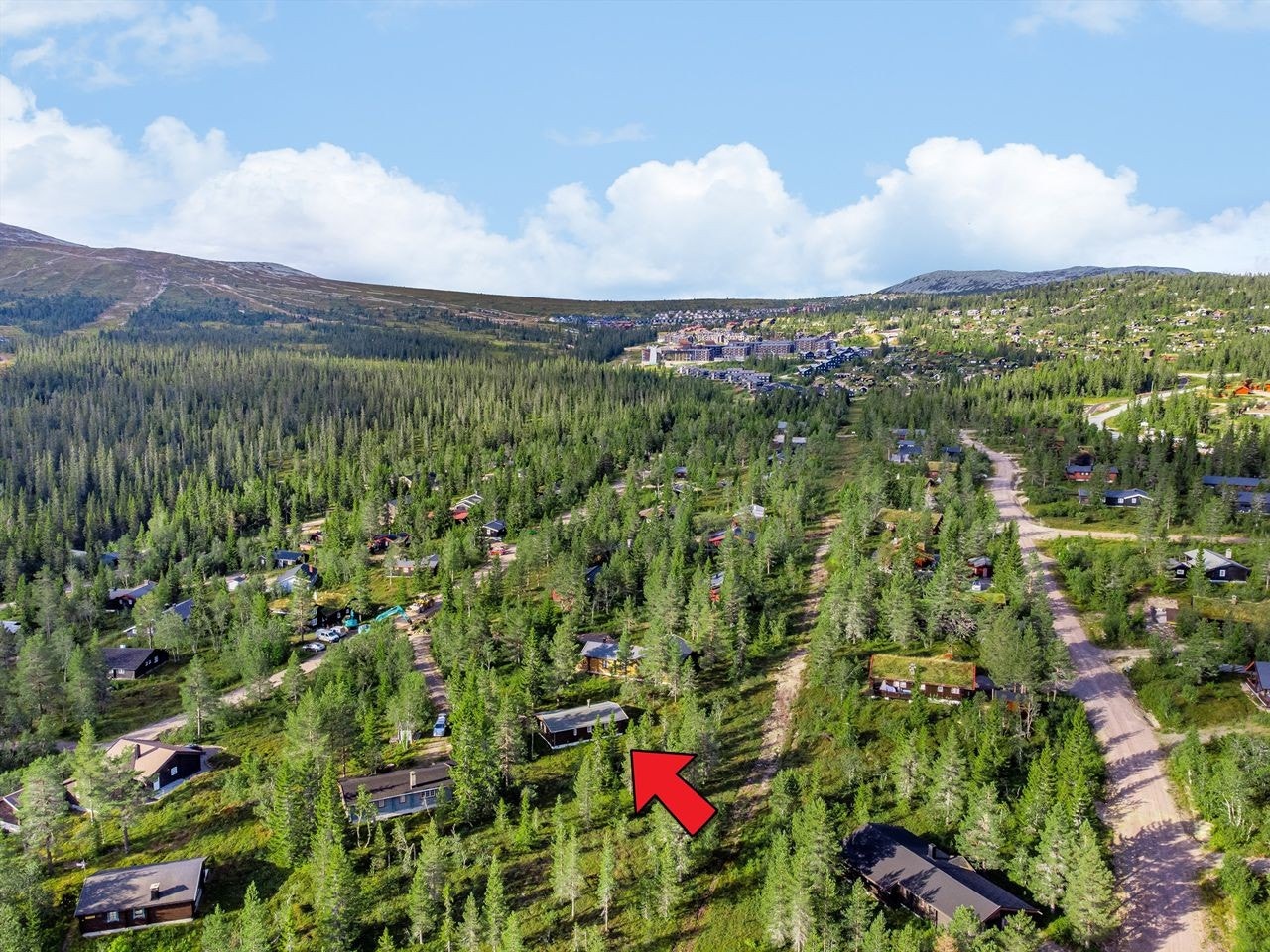 Bak hytta ses traseen der langrennsløypa går om vinteren. I bakkant spa-hotellet i Fageråsen Galleribilde