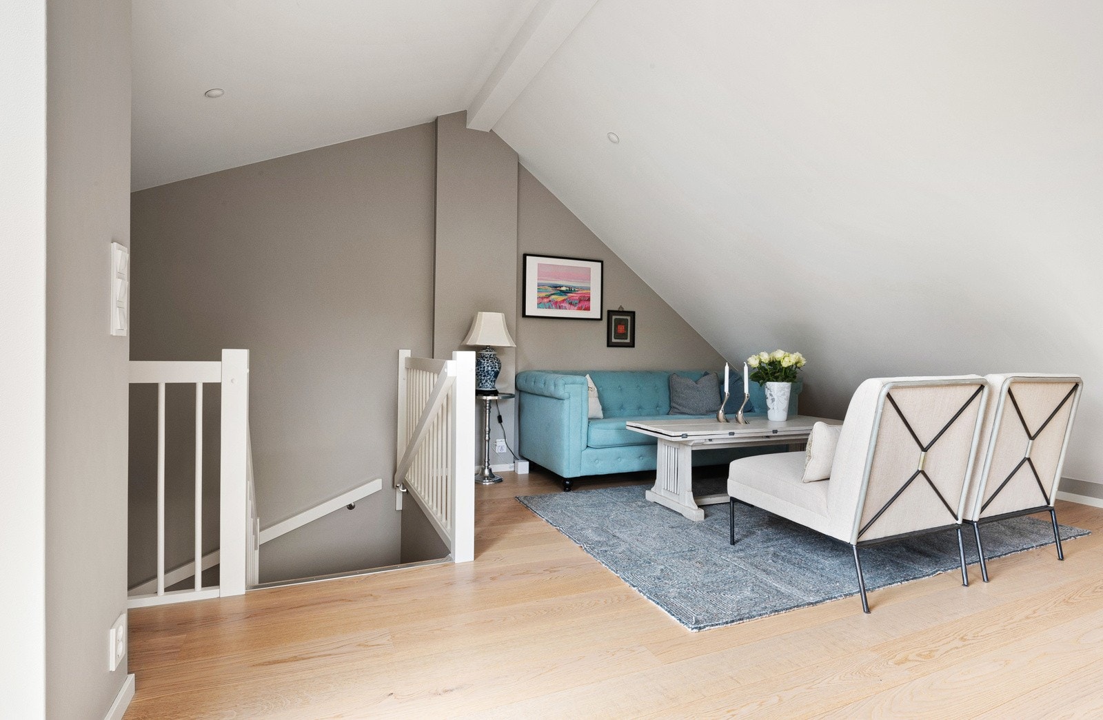 Loftsstuen har god plass til både sofagruppe og hjemmekontor. Galleribilde