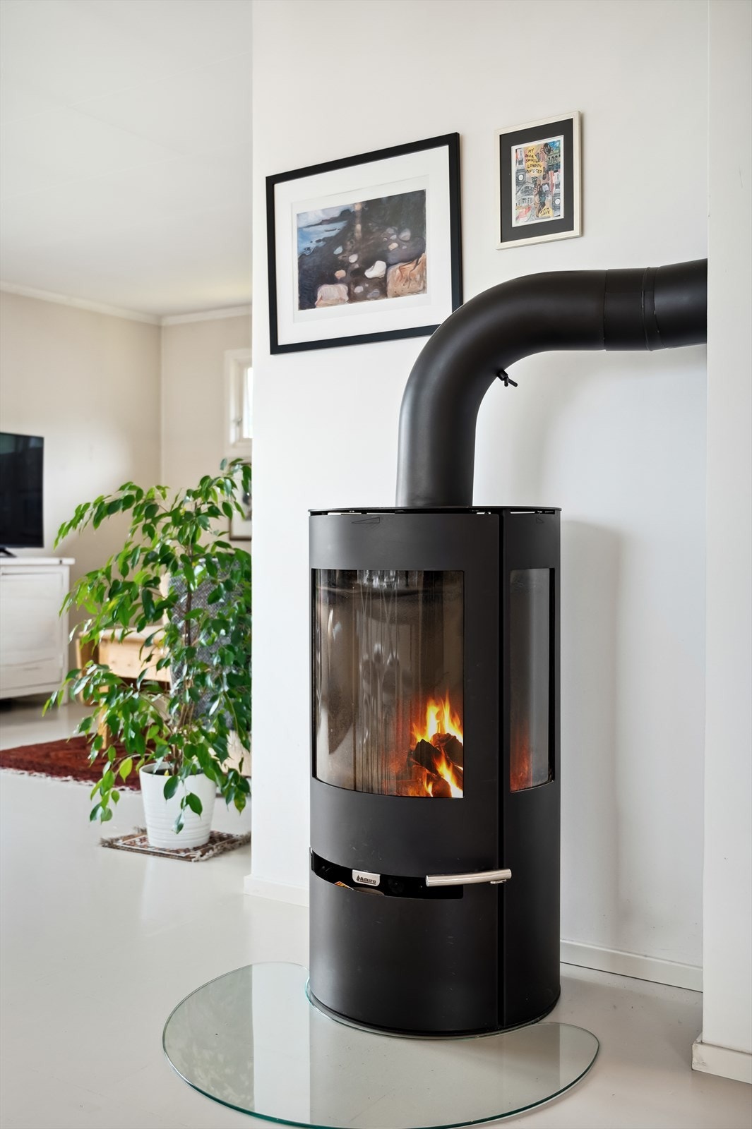 Peisovn med glassdør på ildfast plate. Galleribilde