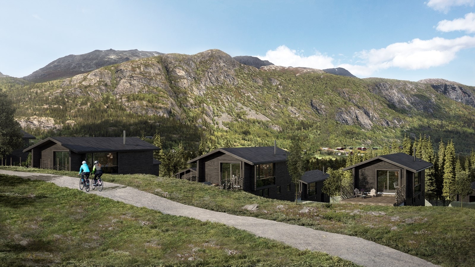 Hyttene er plassert på tvers av kotene for å åpne opp bebyggelsen, gi plass til vegetasjon og slippe lys gjennom. Galleribilde