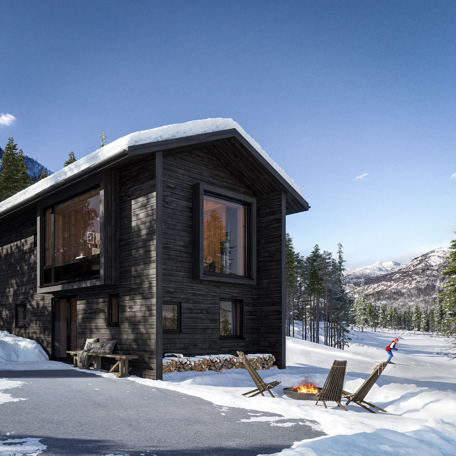 Hyttene har en tradisjonell bygningsform med en moderne, presis og enkel utforming. (Illustrasjon fra hytte 7 som er solgt) Galleribilde