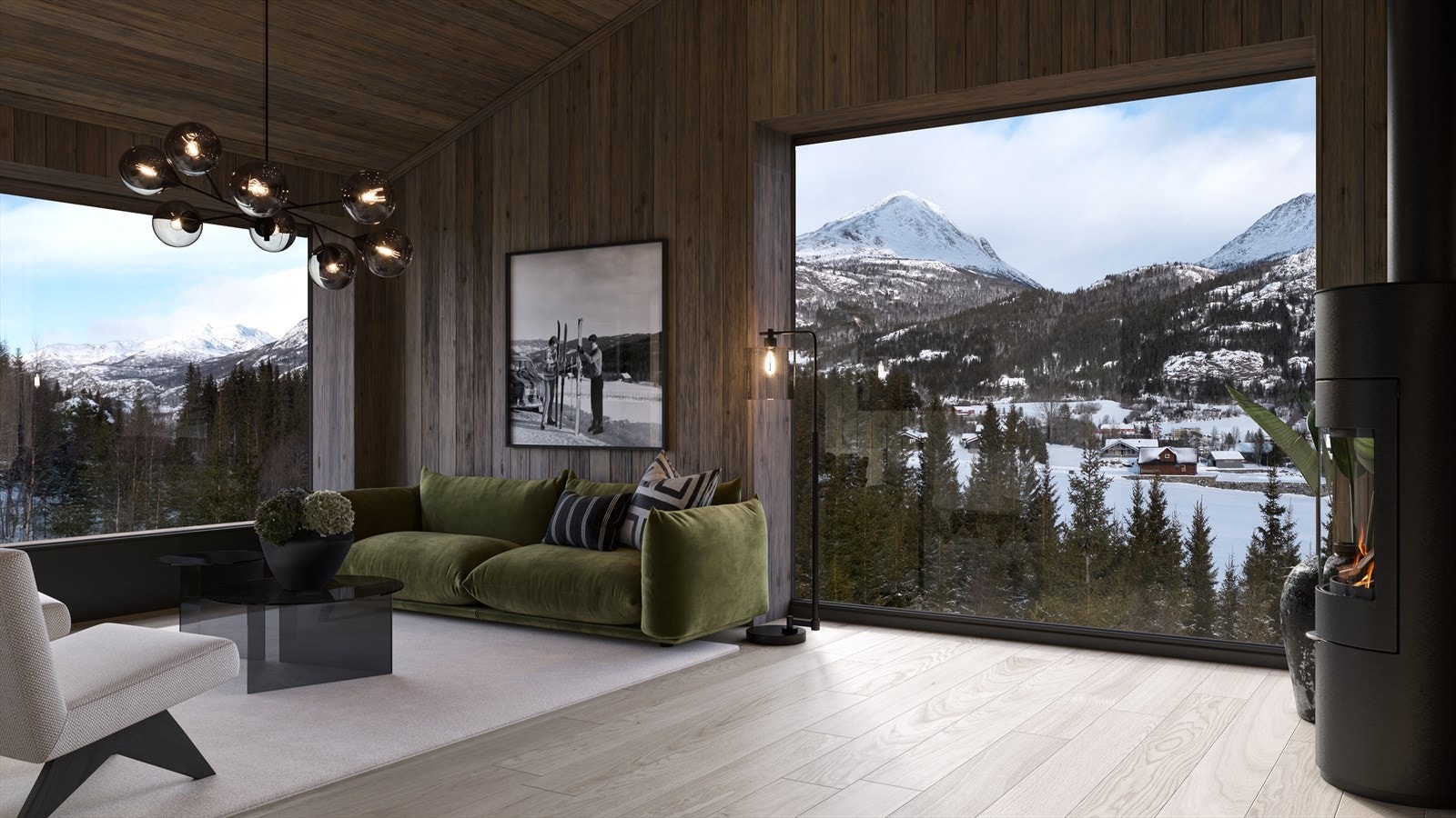 Velkommen til Nyørk - med Hemsedals skyline som blikkfang. Illustrasjonen viser hyttetypen og utsikt fra området. Galleribilde