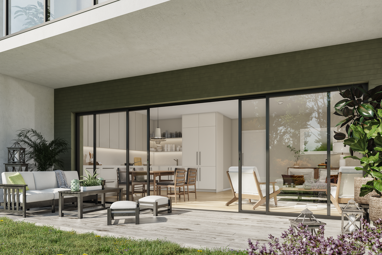 Alle leilighetene vil få private uteplasser med god plass til hagemøbler (Illustrasjon vil kunne avvike) Galleribilde