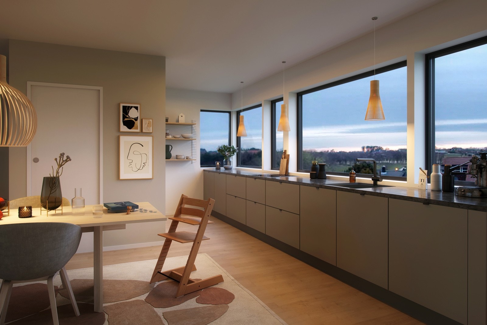 Andre etasje er stor og luftig med åpen kjøkkenløsning av god kvalitet hvor alle hvitevarer er integrert. Stuen vender ut mot en privat hage. (illustrasjonsbilde, avvik kan forekomme.) Galleribilde