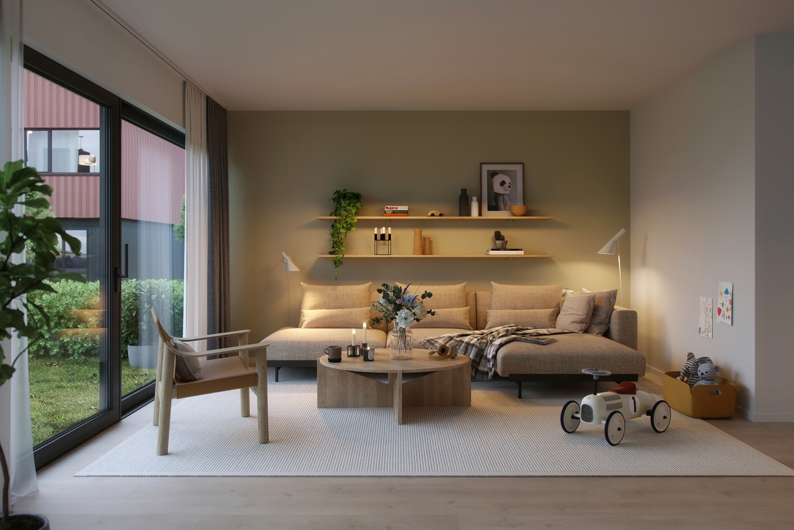 Store glassflater og dører gjør at du føler du får naturen rett inn i stua. I øverste etasje finner du fire gode soverom, og et lekkert bad med keramiske fliser i lune toner. (illustrasjonsbilde, avvik kan forekomme.) Galleribilde