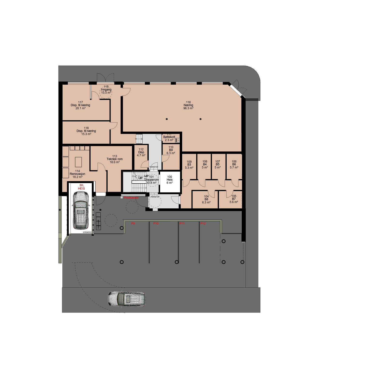 I første etasje har leilegheita ei sportsbod på 5 m2, merka romnr. 108
 - B4