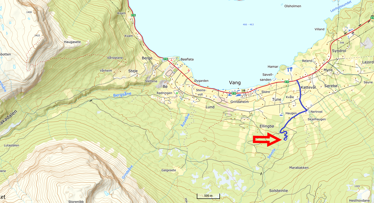 Vei opp til tomt fra Vang sentrum. Galleribilde