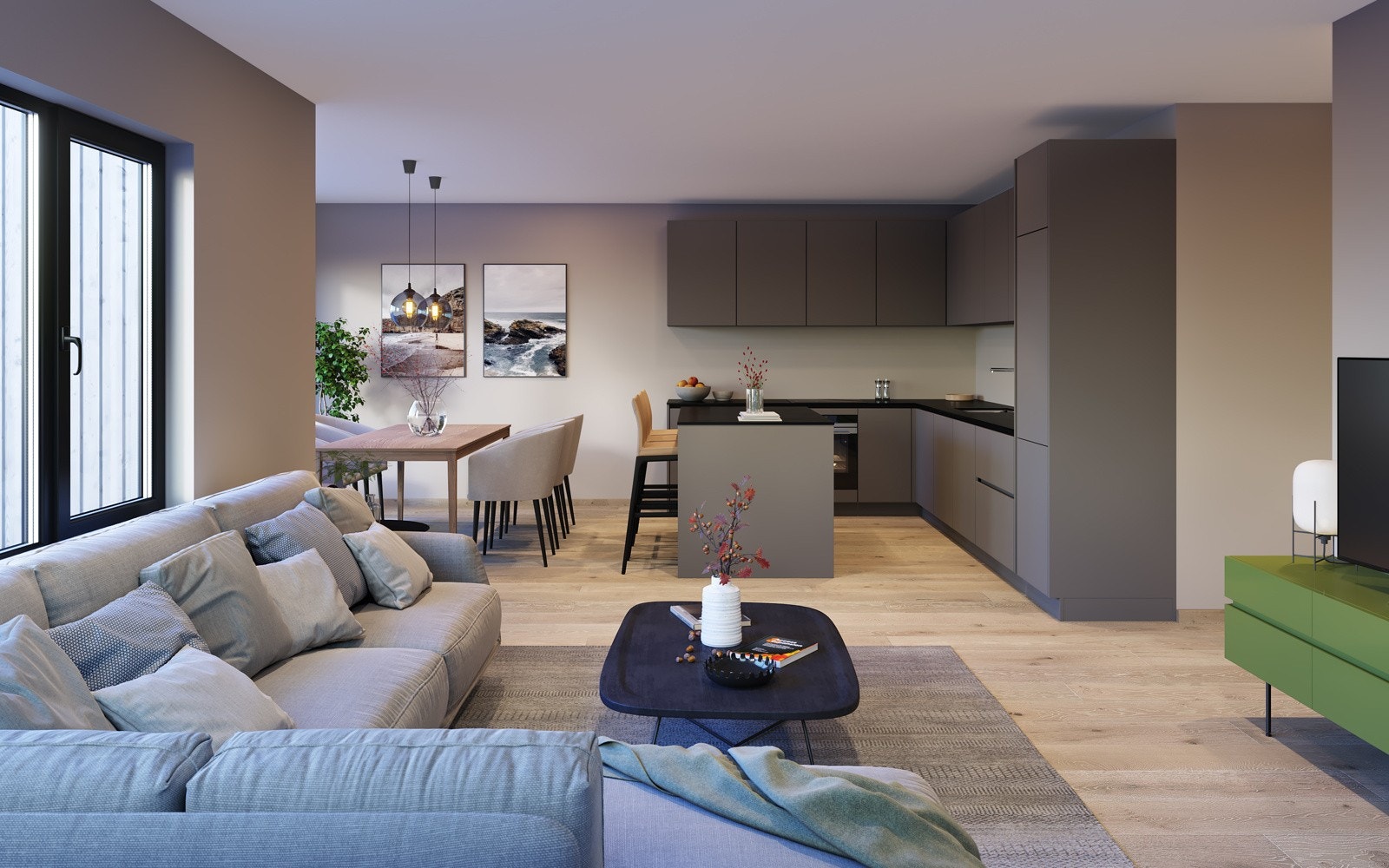 Leilighetene får stue og kjøkken i åpen løsning med god plass til møblering Galleribilde