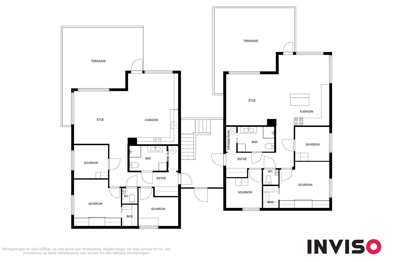 Plantegning av begge leiligheter i hver etasje - Merk at inntegnet terrasse gjelder for leilighetene i 1. etg. Leilighetene i 2. etg vil ha en noe mindre terrasse. Galleribilde