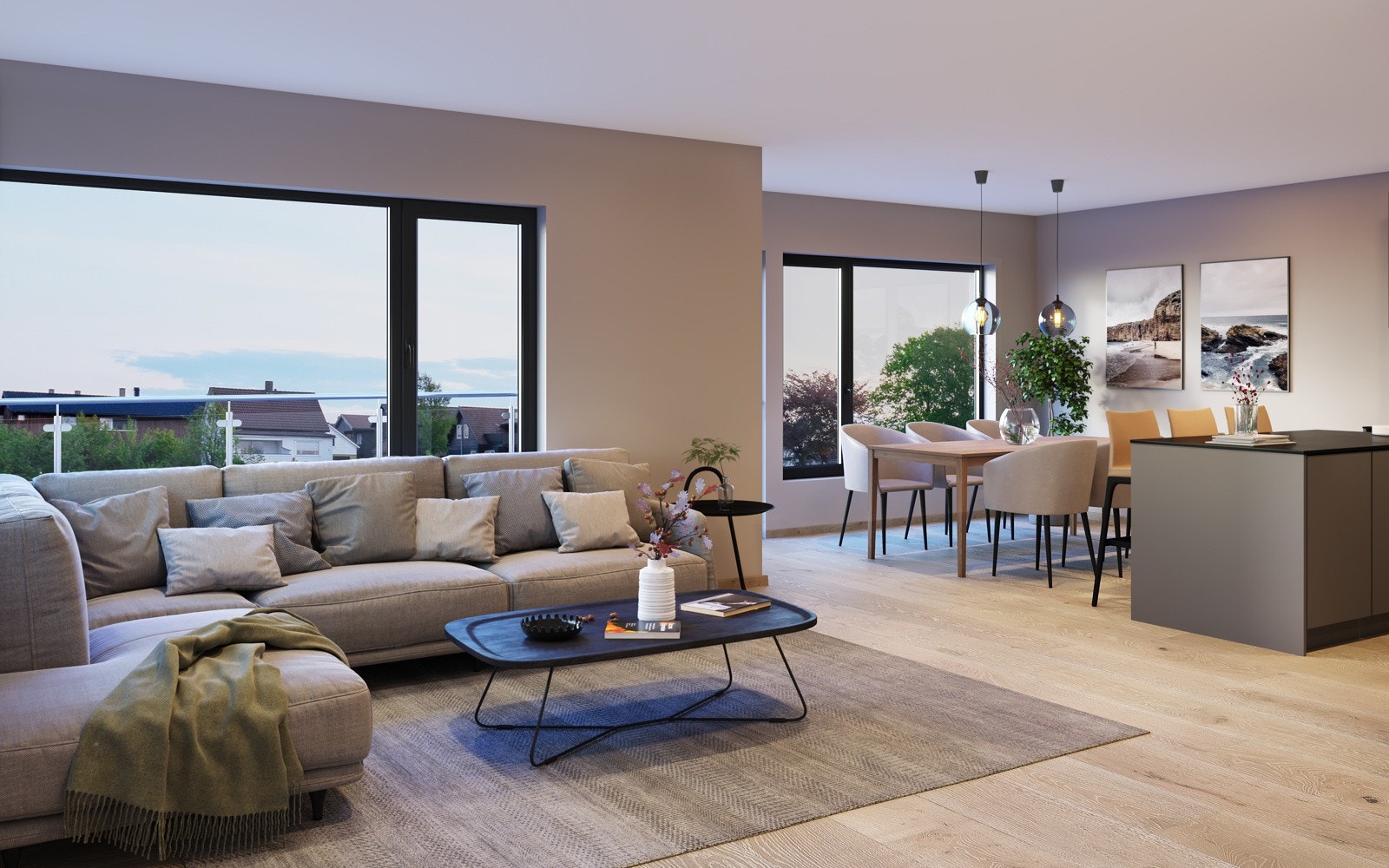 Leilighetene vil få mye naturlig lys fra store vindusflater, samt utgang til solrik terrasse/balkong fra stua Galleribilde