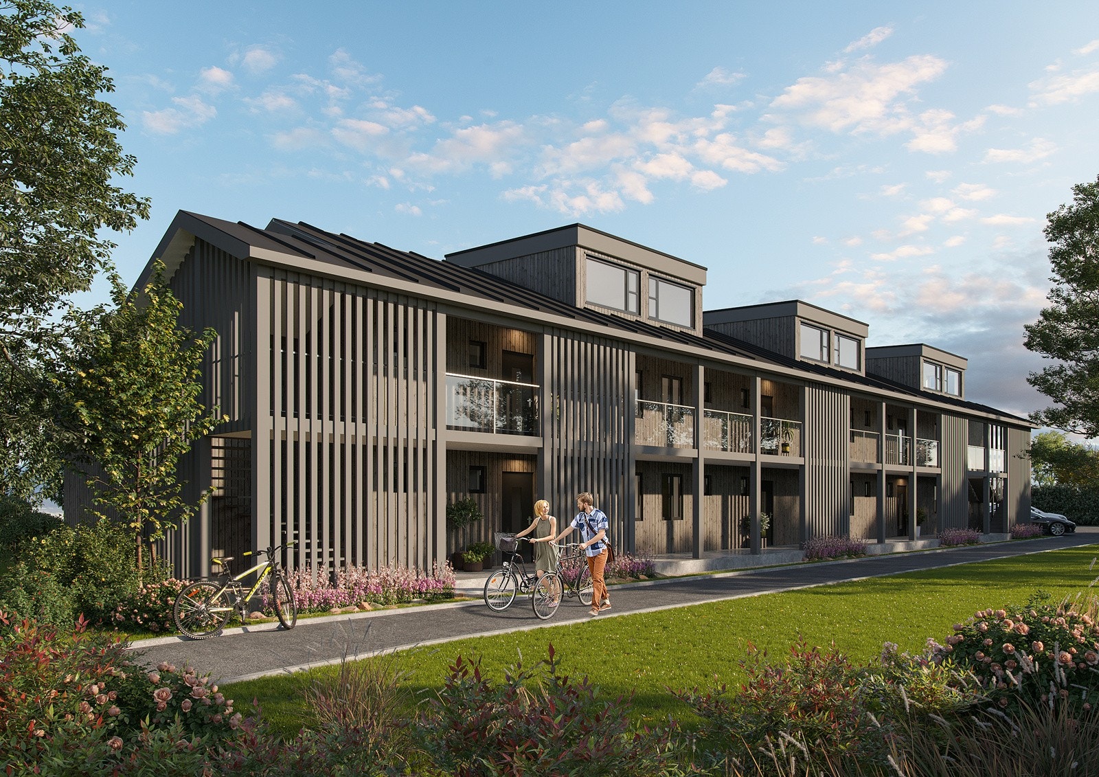 Bygget har svalganger på baksiden. Det vil også kommet et garasjebygg på baksiden i tillegg, hvor man kan kjøpe garasjeplass med sportsbod. (Takoppløftene på bygningen blir fjernet i byggetrinn 2) Galleribilde