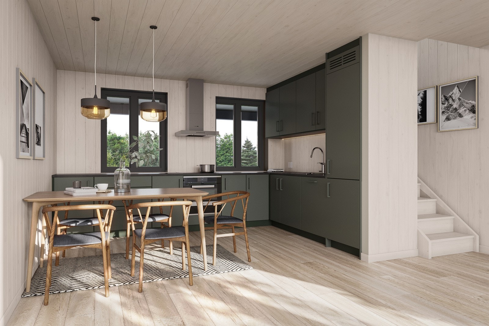 Illustrasjonsbilde kjøkken. Kjøkken fra Strai med integrerte hvitevarer. Det blir panel på vegger og tak, listefritt mot tak. (I byggetrinn 2 blir trapp og hems borte på leilighetene i 2.etasje. Isteden blir det full takhøyde (4,5 m) i stue/kjøkken) Galleribilde