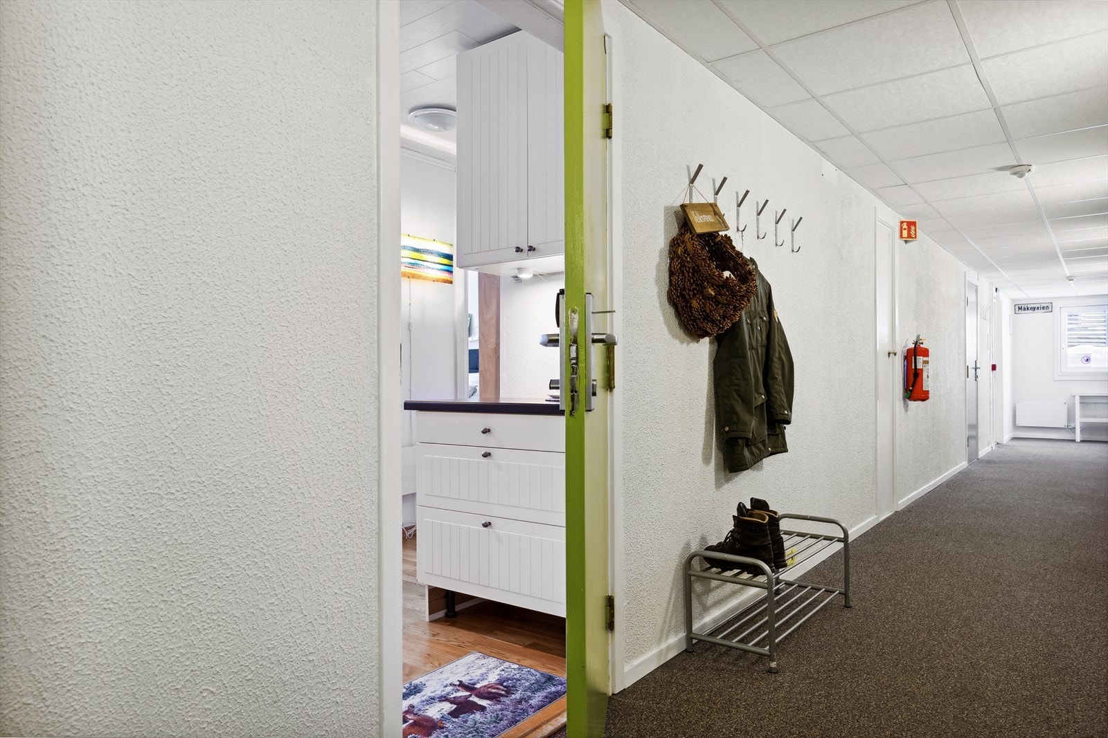 Fellesgangen på utsiden gjør at du slipper våte sko og kald trekk inn Galleribilde