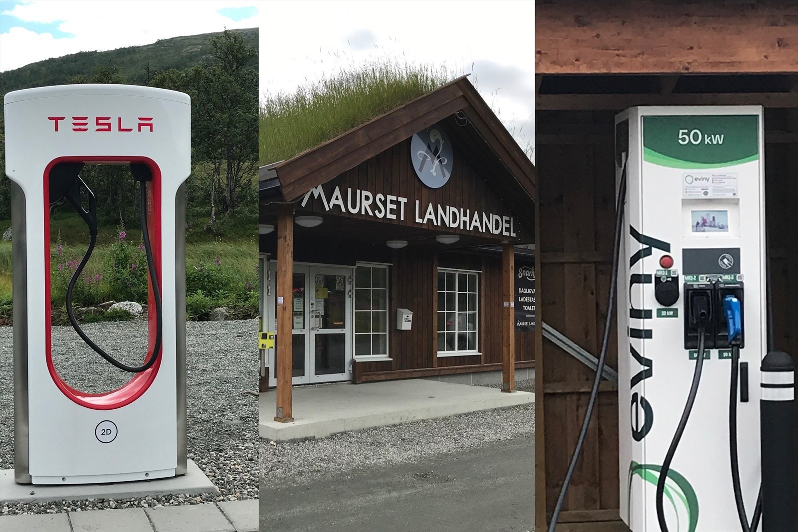 Kun 3 minutter fra hytten finnes Maurset Landhandel med både Tesla supercharger og Eviny Ladestasjon. Galleribilde
