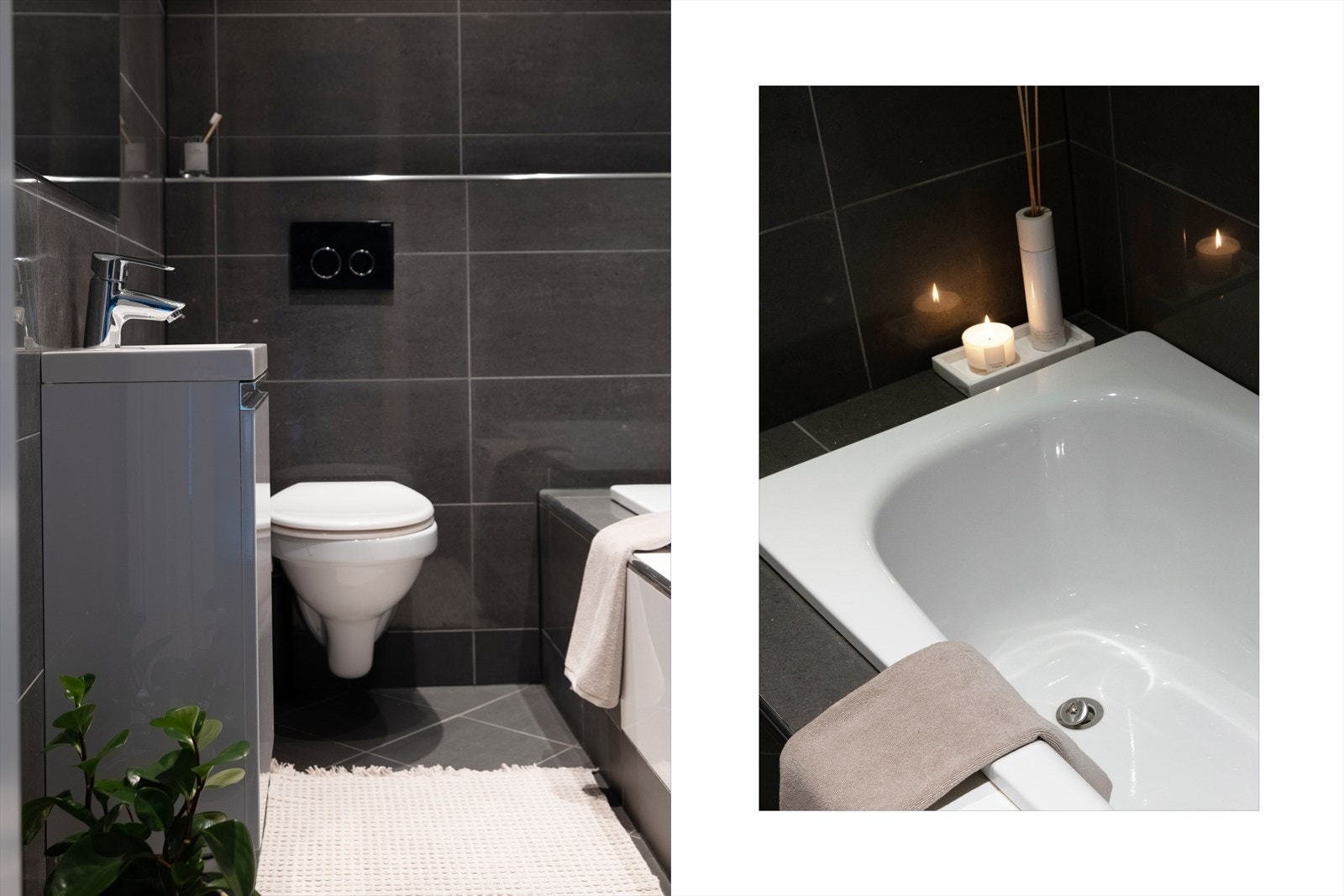 Badet inneholder vegghengt toalett, helstøpt servant, skap under servant med slette fronter og innfliset badekar. Galleribilde