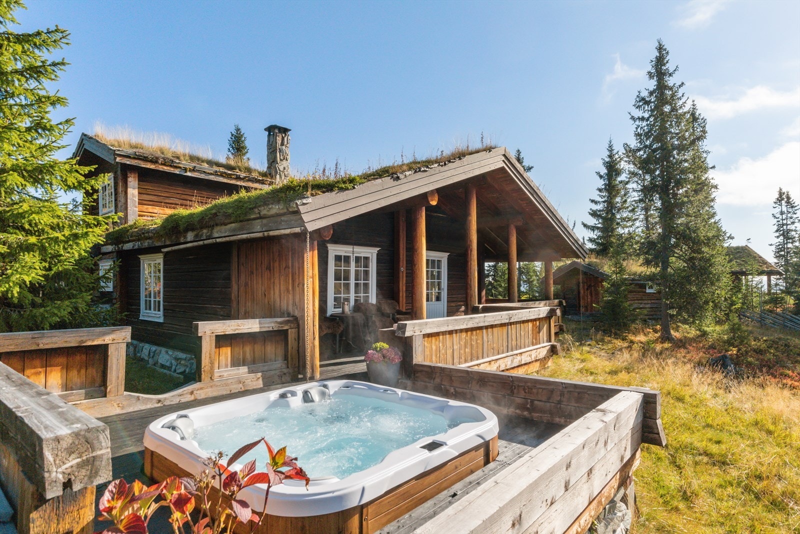 Flott uteområde med overbygd veranda, nedfelt jacuzzi i forlengelsen og sjarmerende naturtomt. Galleribilde