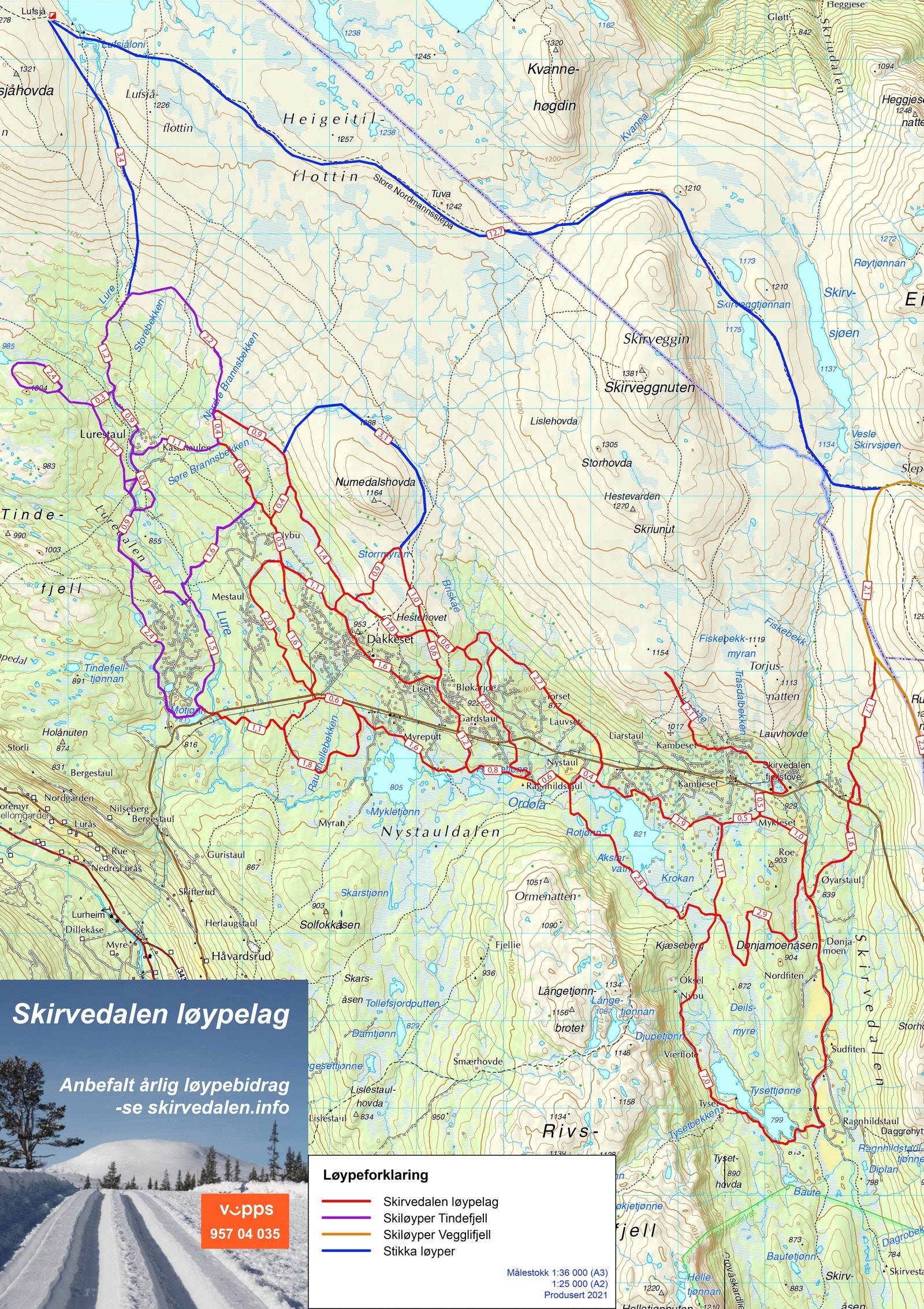 Det er ca. 5 mil med skiløyper i skirvedalen. Her er et oversiktsbilde av løypenettet. Galleribilde