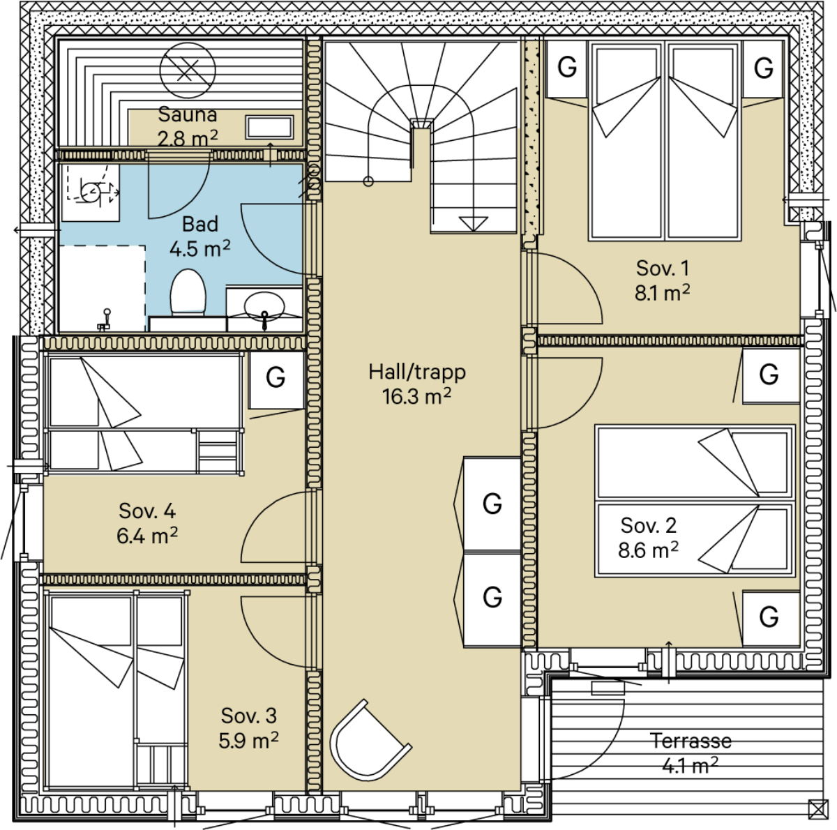 Underetasje med 4 soverom, bad, badstue og romslig hall med utgang til terrasse. Galleribilde