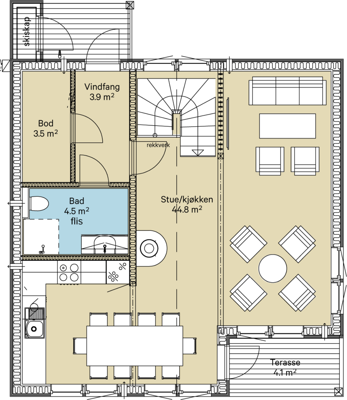Hovedetasje har romslig stue, kjøkken, bad samt utgang til terrasse Galleribilde