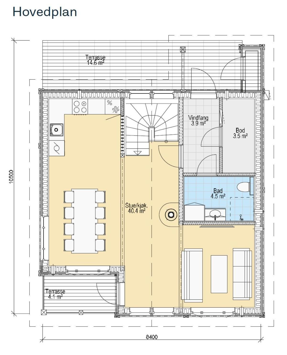 Hovedetasje med romslig stue, kjøkken, bad og utgang til veranda. Galleribilde