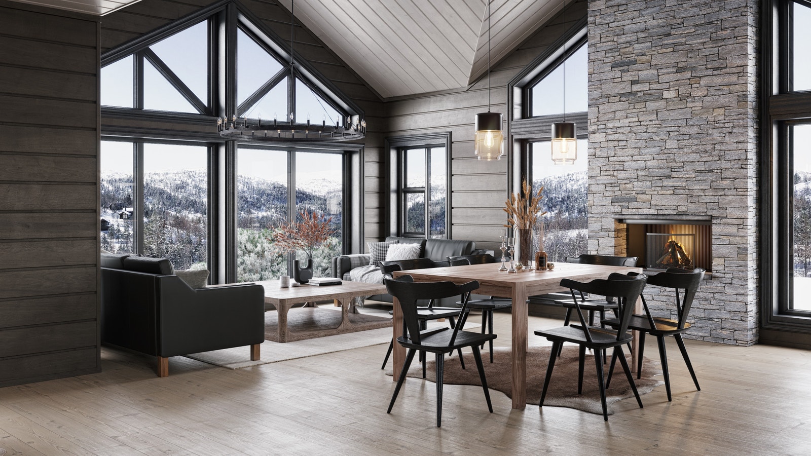 VI BYGGER GJERNE PÅ DIN TOMT!
Dette er en drømmestue, med massevis av utsikt og lys!
Du kan få flere typer av vinduer i fasaden - enten de såkalte "Timber Frame" vinduene som er vist her, eller andre vinduer og sprosser. Galleribilde