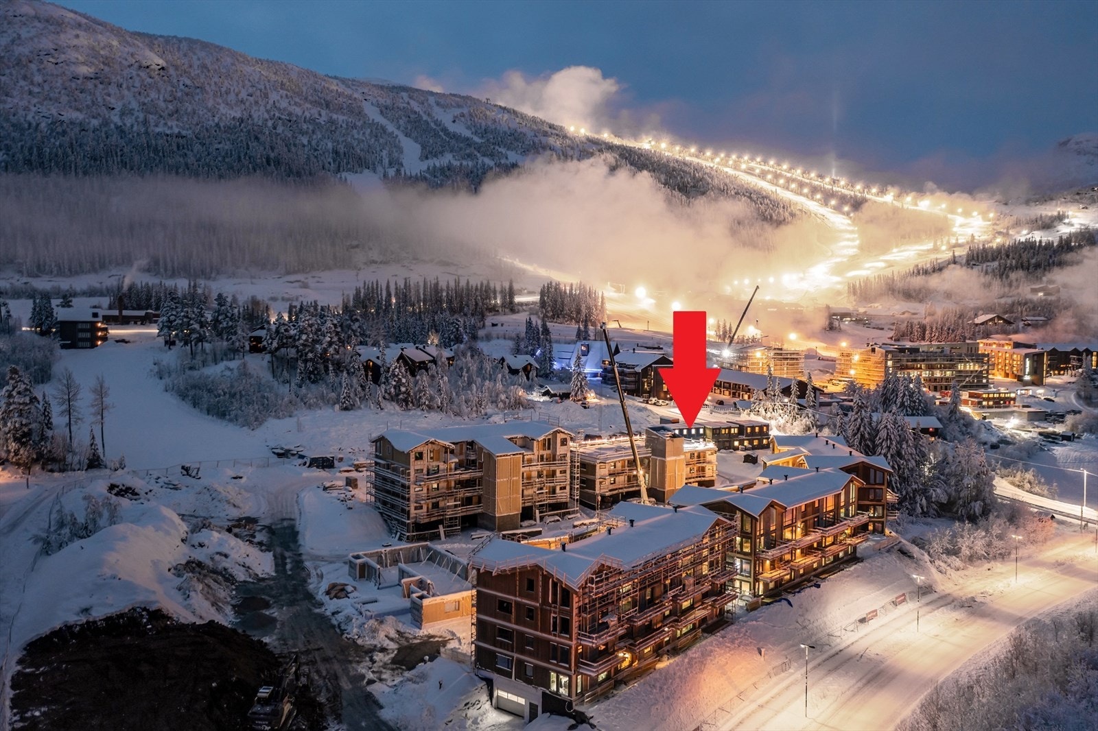 Fjellnest ligger rett ved Hemsedal Skisenter. Bygg D er markert med pil. Galleribilde