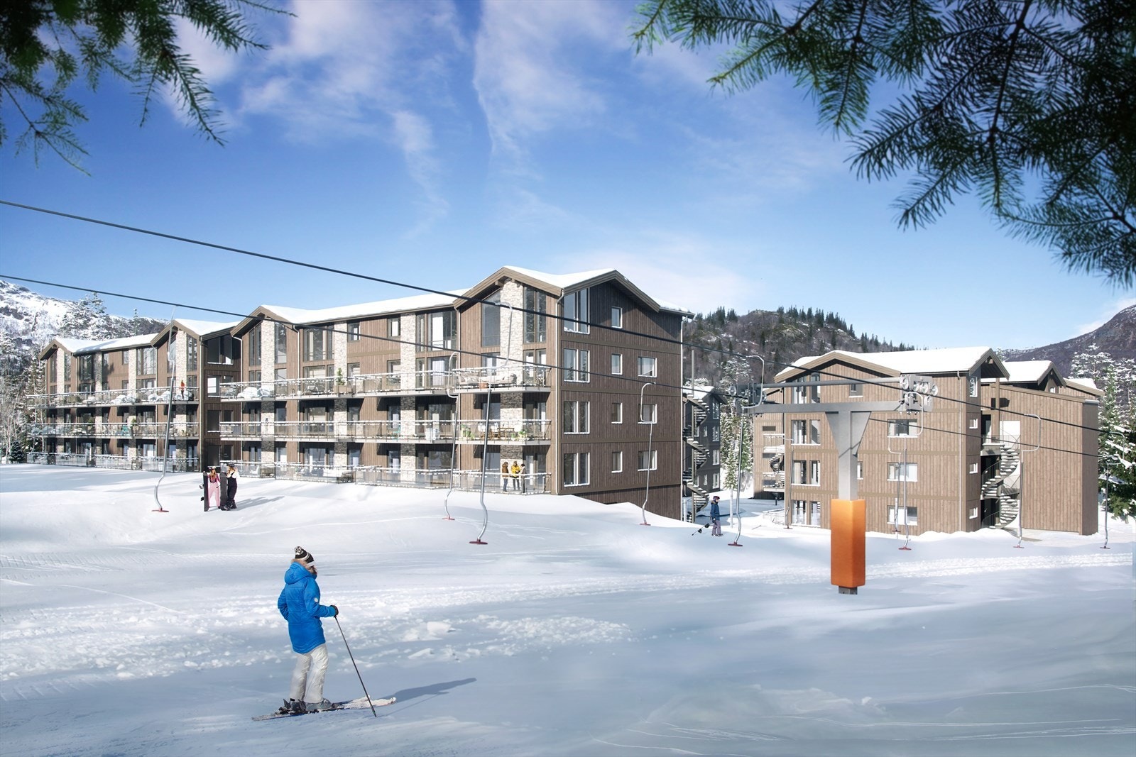 Det er anlagt skiveg fra Hemsedal Skisenter og ned til Fjellnest. Tilbringerheis er under planlegging. (Illustrasjon) Galleribilde