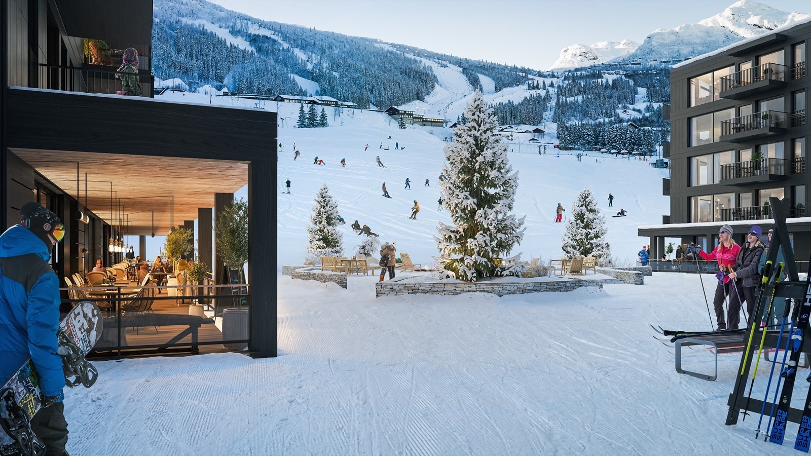 Fjellandsbyen får et hyggelig torg som åpner opp mot bakker og heiser i Hemsedal Skisenter. Galleribilde