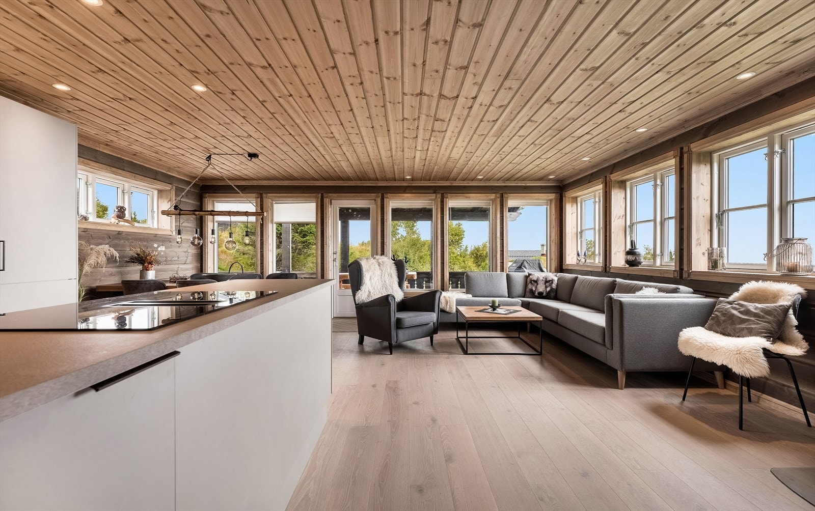 Åpen stue/kjøkken med mange vindusflater. Galleribilde