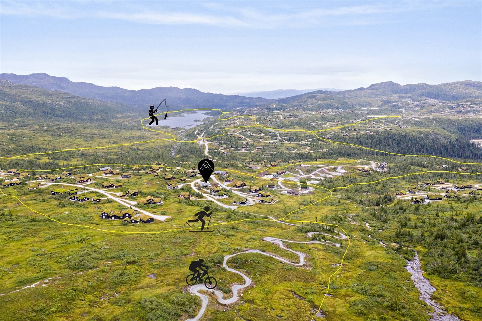 Områdebilde med påtegning av hvor skiløypene på vinteren ca. går. Galleribilde