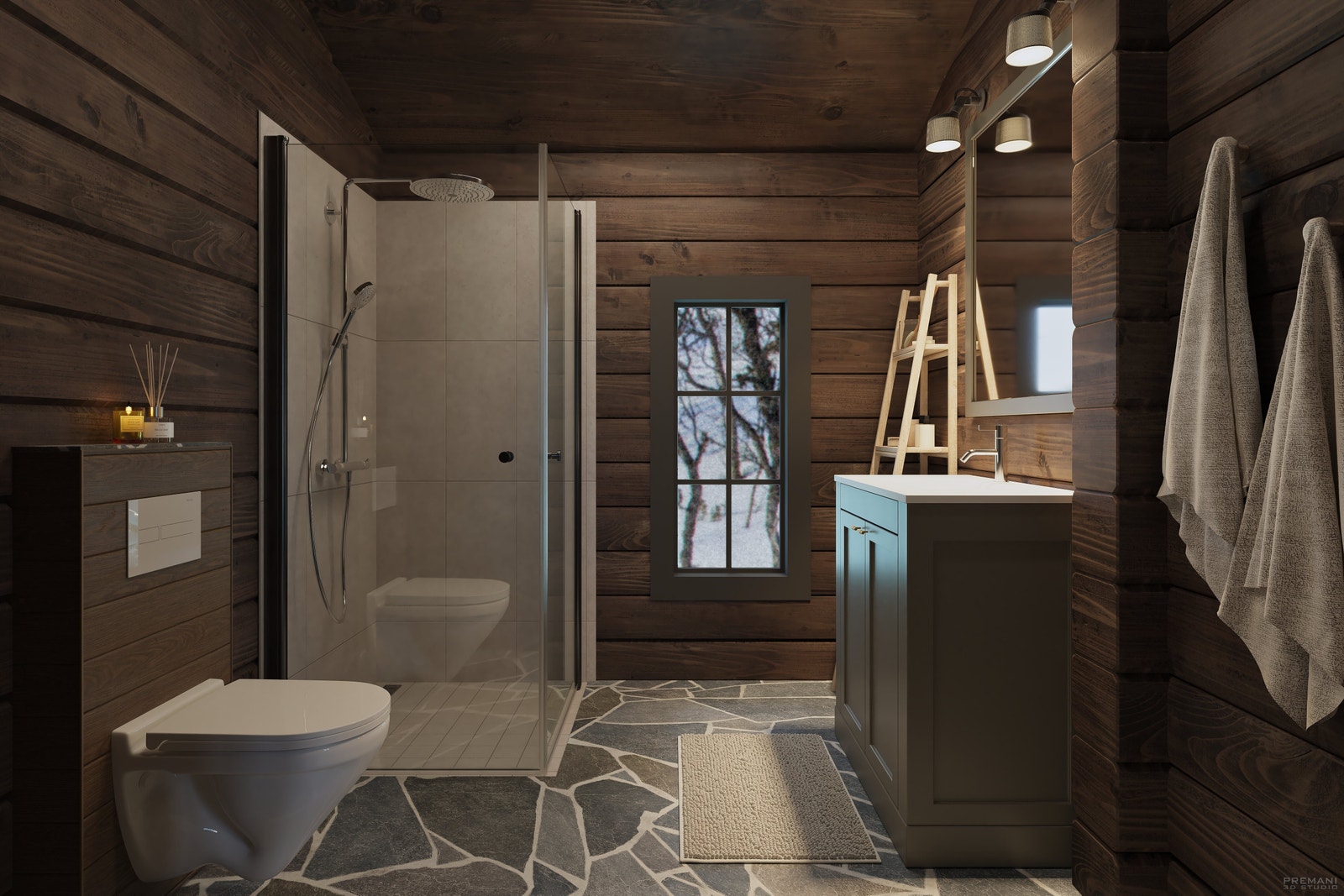 Lekkert bad med flislagt dusjnisje, glassdører, vegghengt wc og valg av baderomsinnredning. Modell Uvdal i Fjellsnaret fra Kvalitetshytter AS Galleribilde