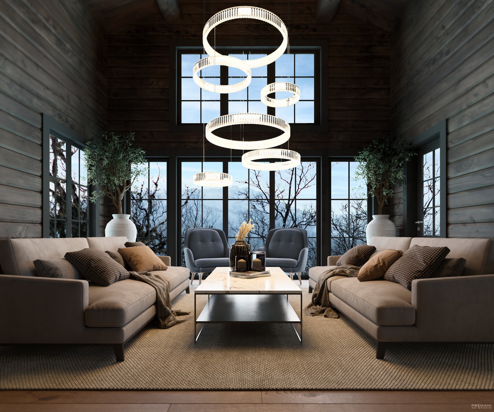 Stue med høyt under taket og eventyrlig utsikt. Modell Uvdal i Fjellsnaret fra Kvalitetshytter AS Galleribilde