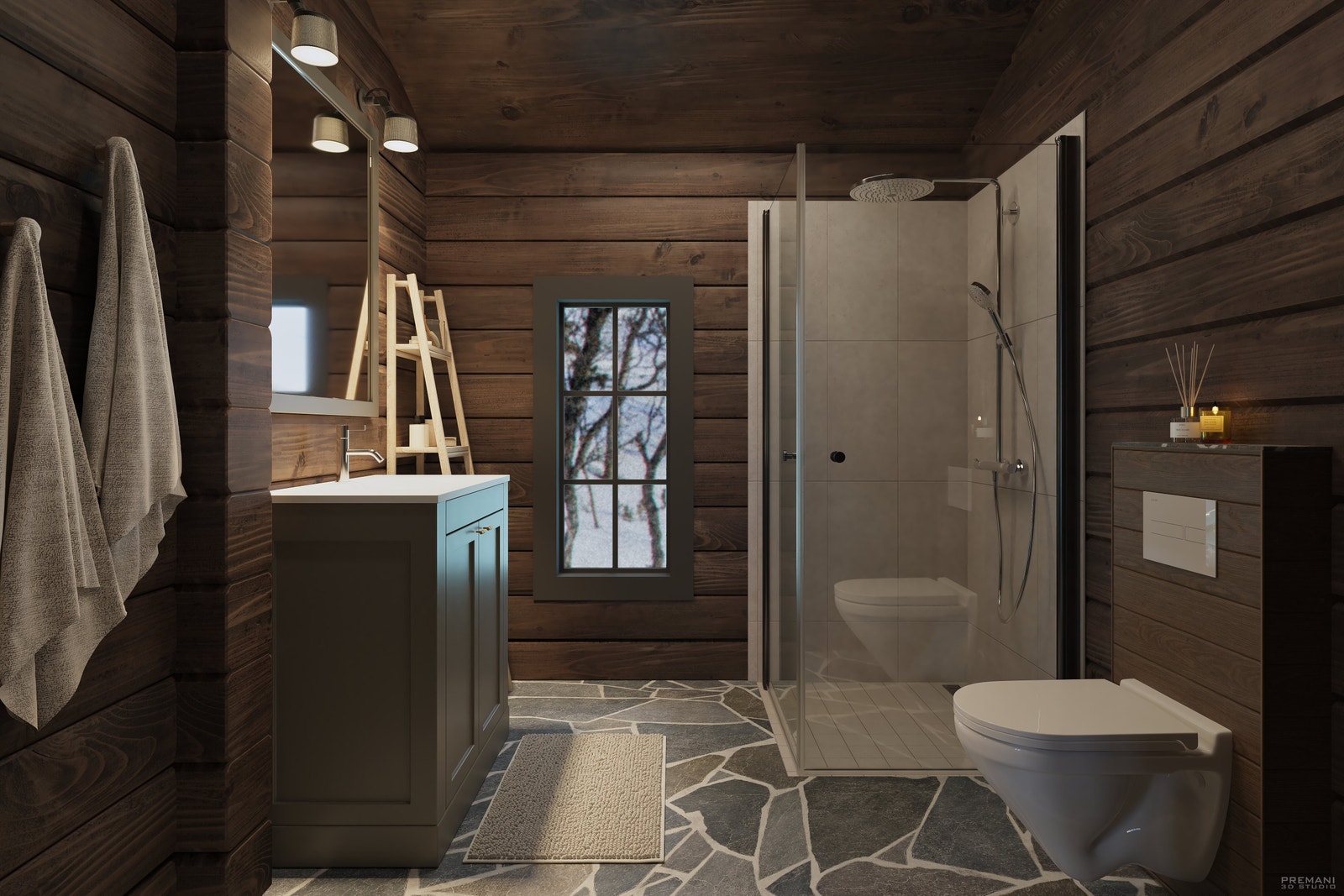 Lekkert bad med flislagt dusjnisje og vegghengt wc, valgmuligheter for innredning. Modell Uvdal fra Kvalitetshytter AS Galleribilde