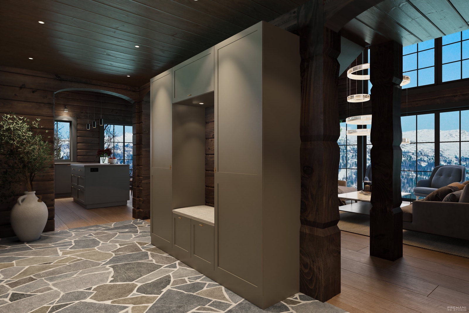 Hall og stue. Garderobeskap kan leveres fra Uvdal Snekkerverksted. Modell Uvdal fra Kvalitetshytter AS Galleribilde