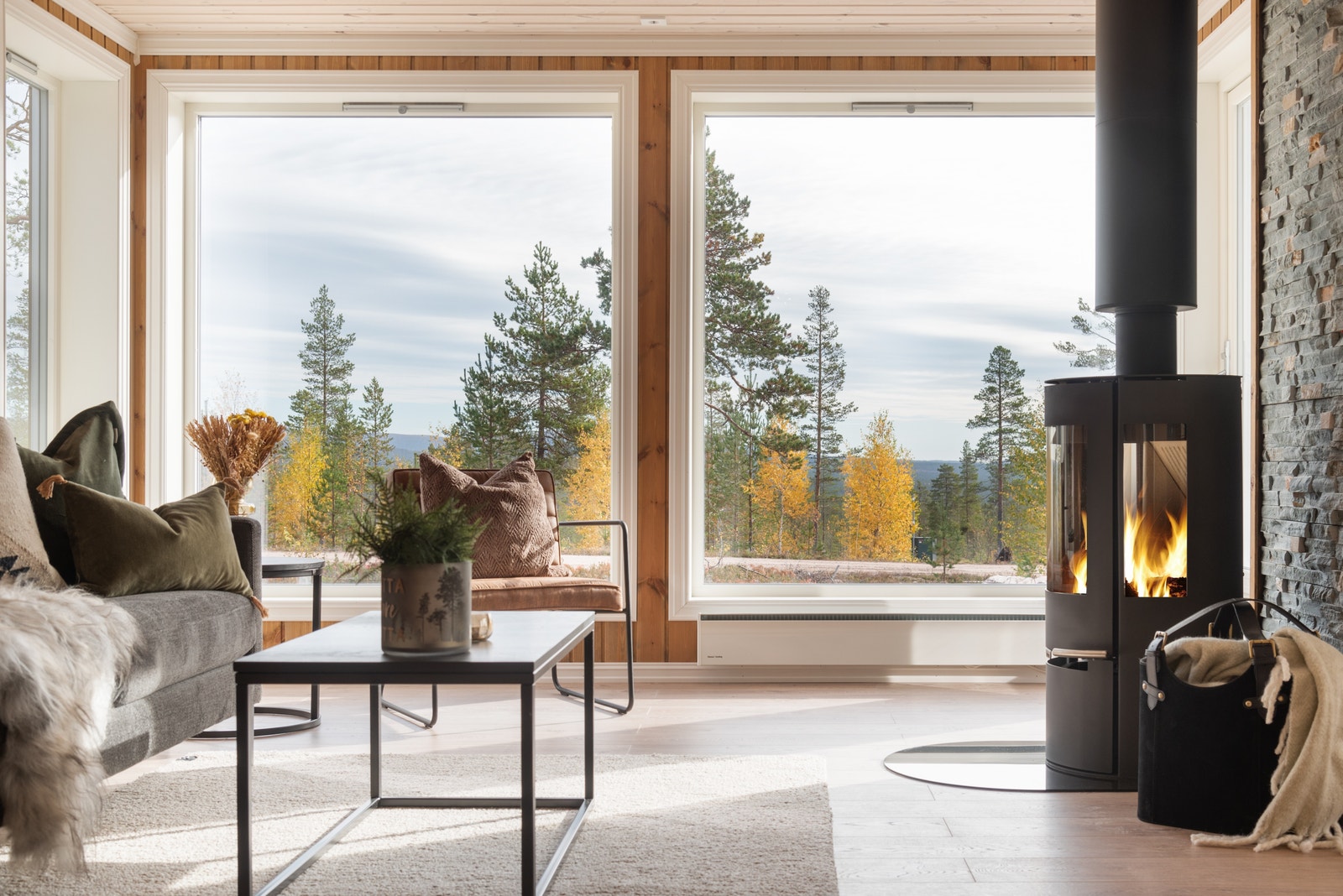 Lekker stue med peisovn som varmer veldig godt. Store vinduer gjør at du sitter nærmest midt i naturen Galleribilde
