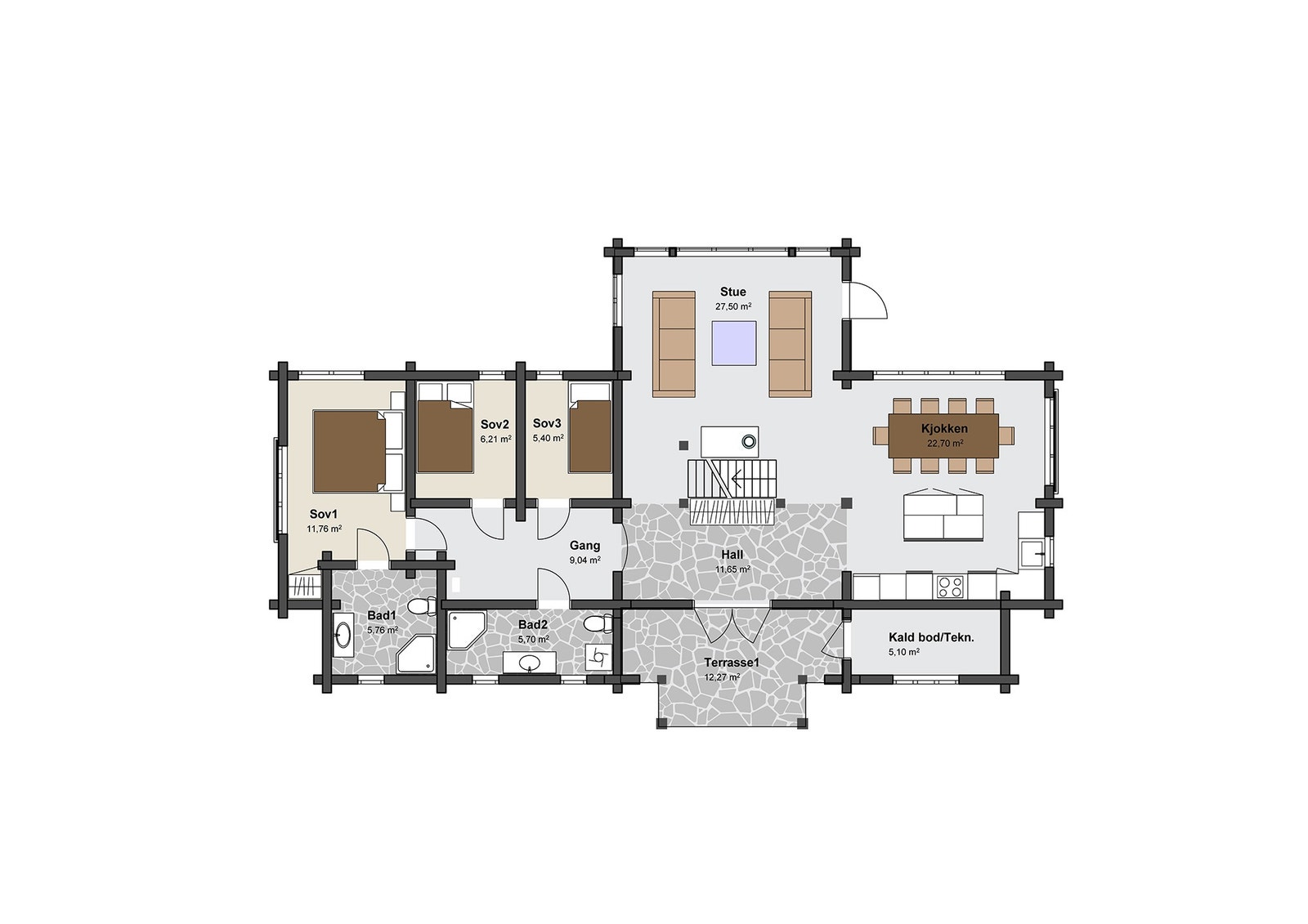 Plantegning med mye lys og utsikt i stue og kjøkken, 1. etg. Fjellsnaret modell Uvdal fra Kvalitetshytter AS Galleribilde