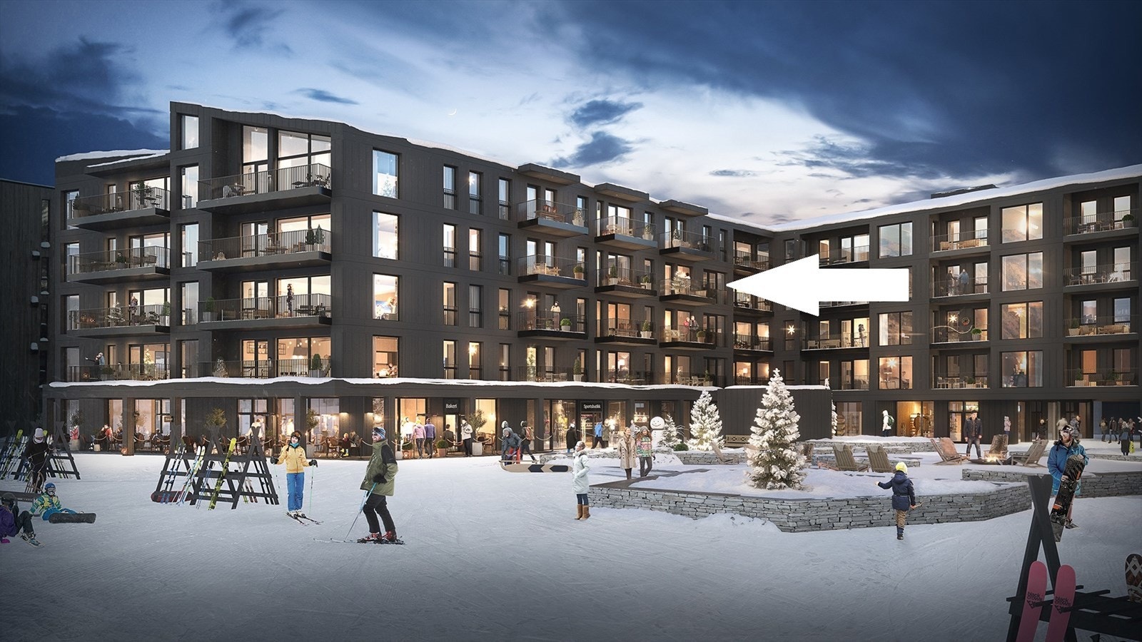 Fjellandsbyen leilighet 404 ligger med utsikt utover torget som vender mot skianlegget. Galleribilde