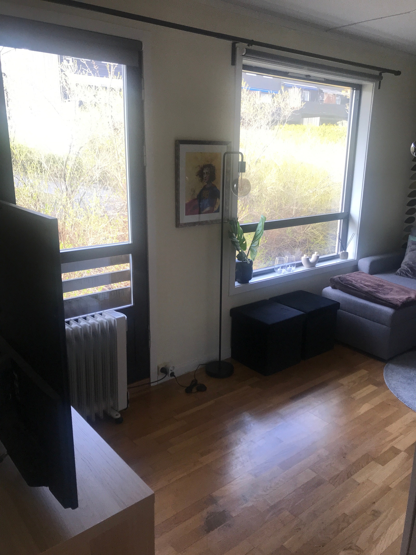 Stue med stort vindu og fransk balkong Galleribilde