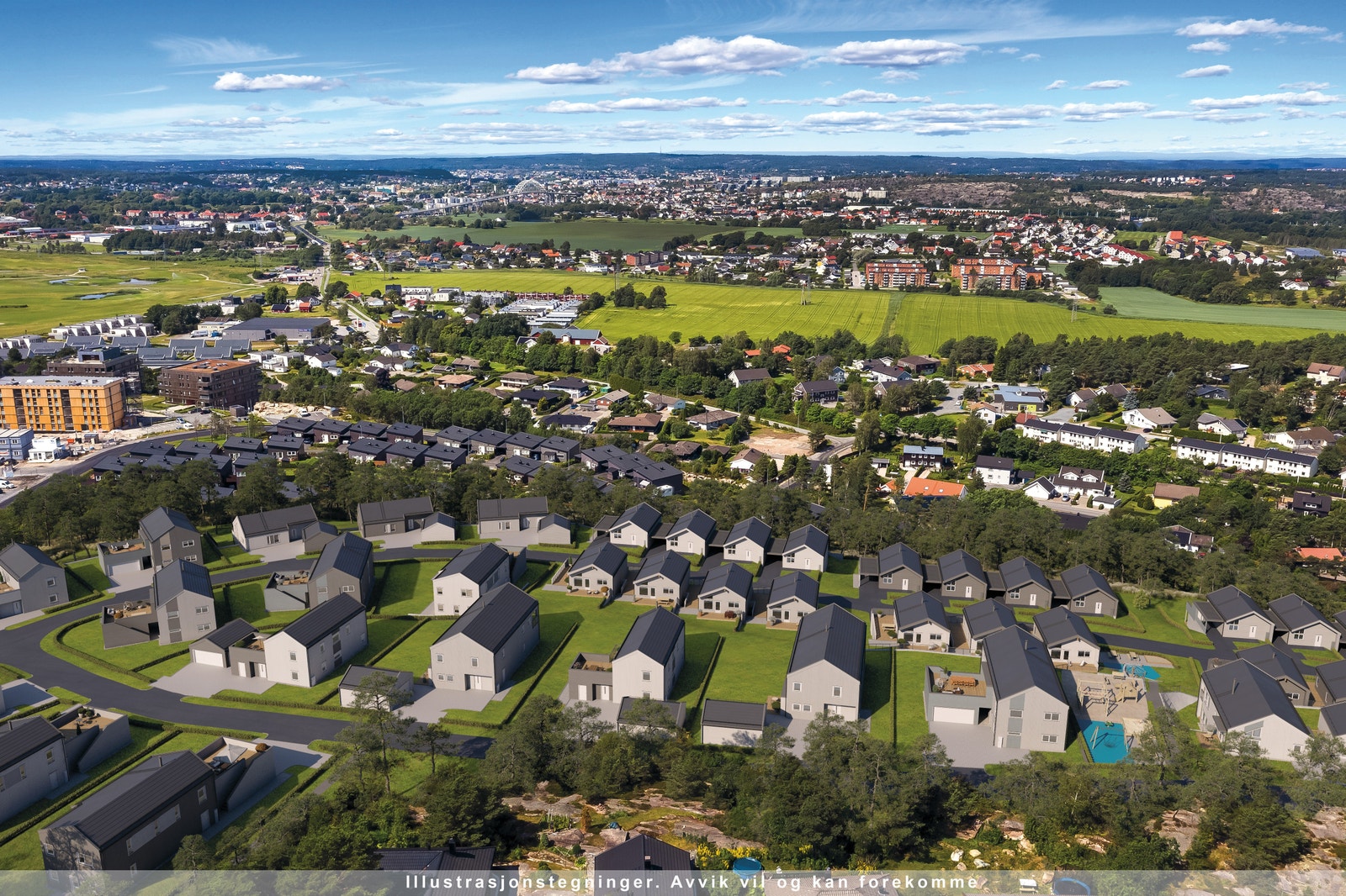 Solrike boliger med flotte turstier og rekreasjonsområder. Galleribilde