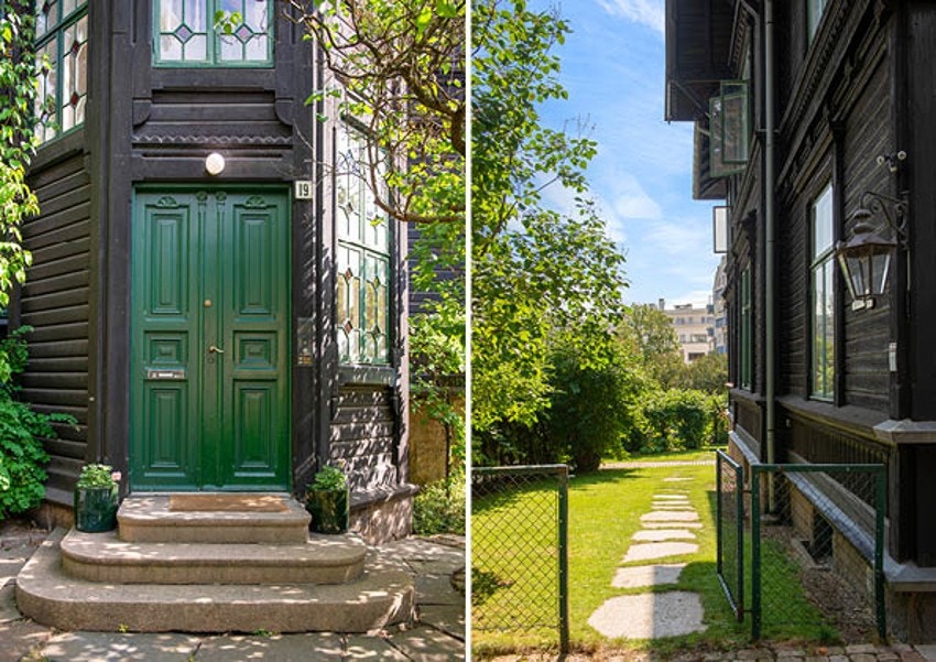 Inngangsdør og vinduer er malt i spesialkomponert grønnfarge. Galleribilde