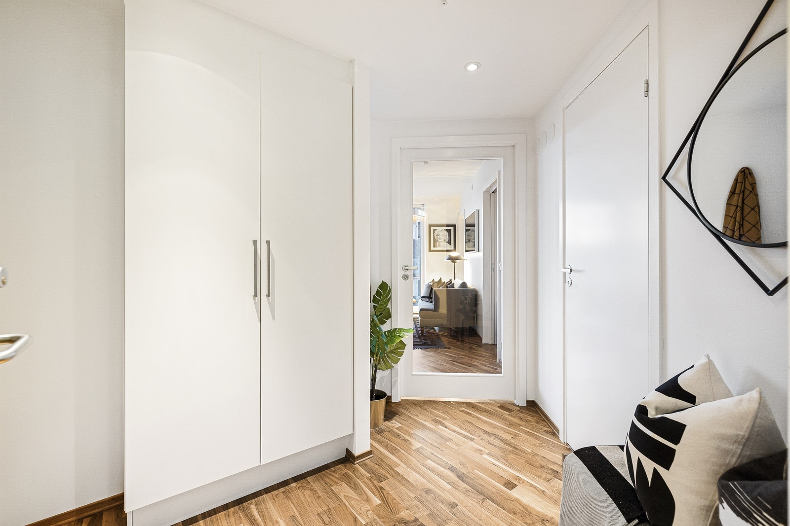 Døren fra entreen mot stuen har stort glassfelt. Galleribilde