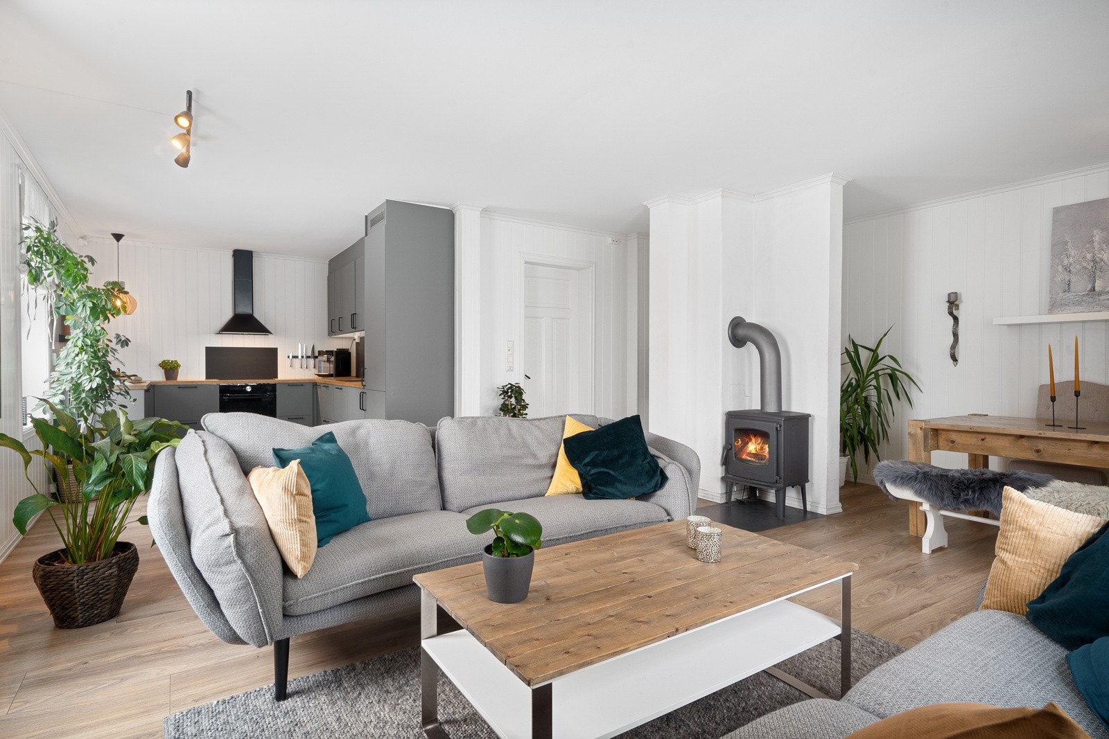 I stuen kan du nyte behagelig vedfyring som gir reduserte energikostnader og en lun atmosfære om vinteren Galleribilde